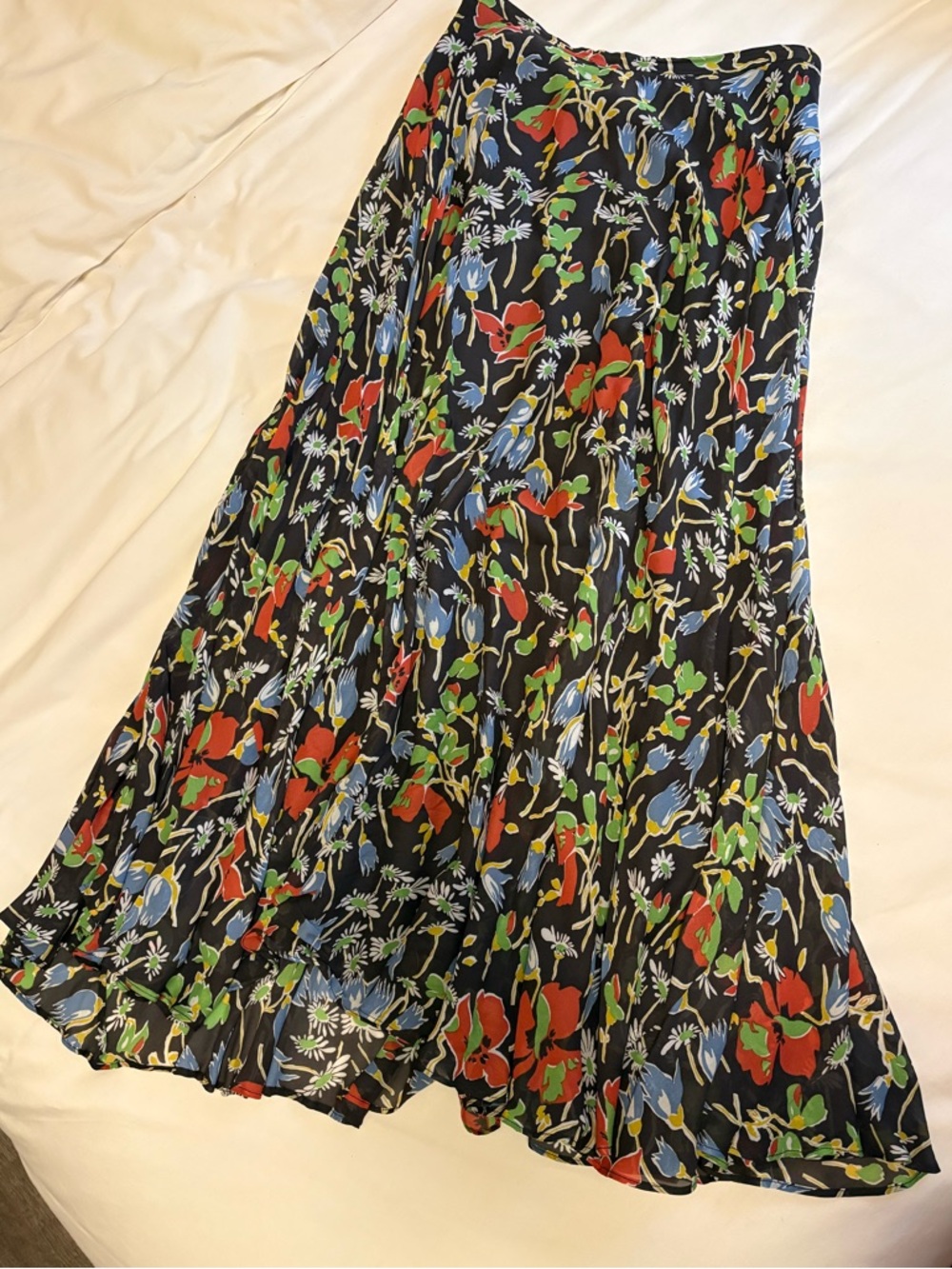 Anthropologie Black Floral Maxi Skirt with Red & Blue Blooms